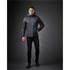A men's thermal jacket in black with blue accents, featuring a hood and a zip front, displayed on a model.