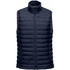 A navy thermal vest featuring a high neckline and horizontal quilted design. It has a logo on it.