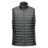 A green thermal vest with a high collar and zip front, featuring quilted padding and a logo.