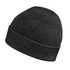A black knit beanie with a roll-up cuff, featuring a small logo.
