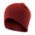 A red knit beanie with a snug fit and soft texture, featuring a branding logo on the side.