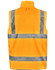 An orange safety jacket featuring grey reflective strips, with a logo on the back.