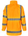 A high-visibility safety jacket in bright orange with reflective stripes and a collar. Features include a pocket on the sleeve.