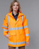 A high-visibility orange safety jacket featuring reflective strips and multiple pockets. It has a logo on it.