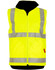 A bright yellow safety jacket with reflective strips and a zip front, featuring no sleeves. It includes a logo.