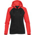 A women's zip hoody featuring black and red panels, with a front zipper and a hood. It includes a logo.