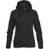 A black women's zip-up hoodie with a hood, featuring a logo and front pockets.