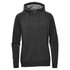 A black women's full zip hoodie with a hood and raglan sleeves, featuring a logo on the front.