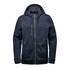 A navy men's fleece hoody featuring a zip front, two side pockets, and an adjustable hood. It includes branding details.