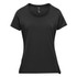 A black women's short sleeve performance tee with a round neckline and a logo.
