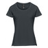 A dark green women's short sleeve tee with a round neckline and a fitted shape, featuring a logo.