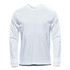 A white long sleeve t-shirt with a crew neck and logo on the chest.