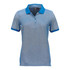 A women's poly cotton polo in grey with blue trim and a logo on the chest.