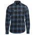 A button-up shirt in blue and black plaid with two chest pockets and a collar. Features a logo.