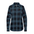A button-up shirt featuring a dark green and black plaid pattern, with long sleeves and a chest pocket.