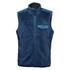 A blue Sherpa fleece vest with a high collar, zip closure, and a chest pocket, featuring side pockets.