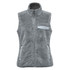 A grey women's sherpa fleece vest with a high collar, zipped front, and two side pockets. It features a small pocket on the chest.