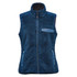 A blue women's vest made of sherpa fleece featuring a zip front, high collar, and side pockets. It includes a branding logo.
