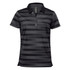 A women's polo shirt in black with grey stripes, featuring a collar and buttons. It includes a logo on the chest.