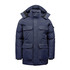 A navy blue Men's Denali Parka featuring multiple pockets and a hood, complete with a logo on the sleeve.