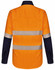 A long-sleeve safety shirt in orange and navy blue, featuring segmented reflective tape and a branding logo.