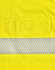A bright yellow safety shirt featuring segmented reflective tape and a pocket. It has a logo on the fabric.