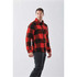 A unisex fleece jacket in red and black check pattern with a collar and button-front design. Features branding.