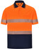 Unisex orange and navy segmented safety polo shirt with reflective stripes and a pocket. Features a logo.