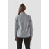 A women's polar fleece jacket in grey, featuring a full zip and a high collar, with a logo on the back.