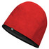 A red fleece toque with a black lining and a small logo on the edge.