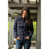 A button-up shirt in dark navy with check patterns, featuring two chest pockets and a classic collar.