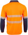 A long-sleeved polo shirt in bright orange with navy blue sleeves and reflective stripes, featuring a logo on the front.