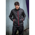 A men's black jacket with red accents, featuring a zippered front and side pockets. Includes a logo on the chest.