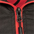 A close-up of a zip on a black thermal jacket featuring red accents and a logo.