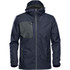 A navy rain jacket featuring a contrasting grey pocket and a hood, with zippers and branding.