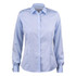 A light blue button-up women's shirt with a collar and long sleeves, featuring a branding logo.