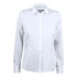 A button-up shirt in white, featuring a collar and long sleeves, with a logo on the chest.