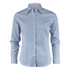 A blue and white striped button-up shirt with a collar and long sleeves, featuring a logo on the fabric.