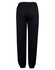 Black fleecy track pants with an elastic waistband, cuffs, and knee padding. Features a logo on the side.