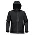 A black softshell jacket with a hood, featuring multiple zippered pockets and a logo on the sleeve.
