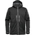 A men's jacket in black with a hood, featuring zippered pockets and a sleek design. It has a logo on the sleeve.
