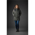 A long-sleeved, hooded women's parka in dark grey with a contrasting black panel, styled for outerwear.