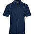 A navy blue men's polo shirt featuring a collared design and a subtle logo on the hem.