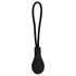 A black zip puller with a textured grip and a long cord, designed for jackets.