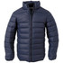 A navy puffer jacket featuring a high collar and vertical stitching, with a logo on the inside label.