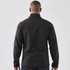 A softshell jacket in black, featuring a stand-up collar, viewed from the back. It has a logo.