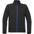 A black softshell jacket featuring blue zip details and side pockets. It has a high collar and a logo.