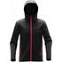 A black softshell hoody with red zippers and accents, featuring a hood and side pockets, along with branding.