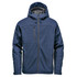 Men's insulated softshell jacket in navy blue with a hood and zipped pockets, featuring a logo.