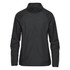 A black women's 1/4 zip anorak rain jacket with a logo. Features raglan sleeves and a high collar.